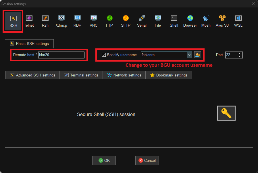 Creating an SSH session in mobaxterm